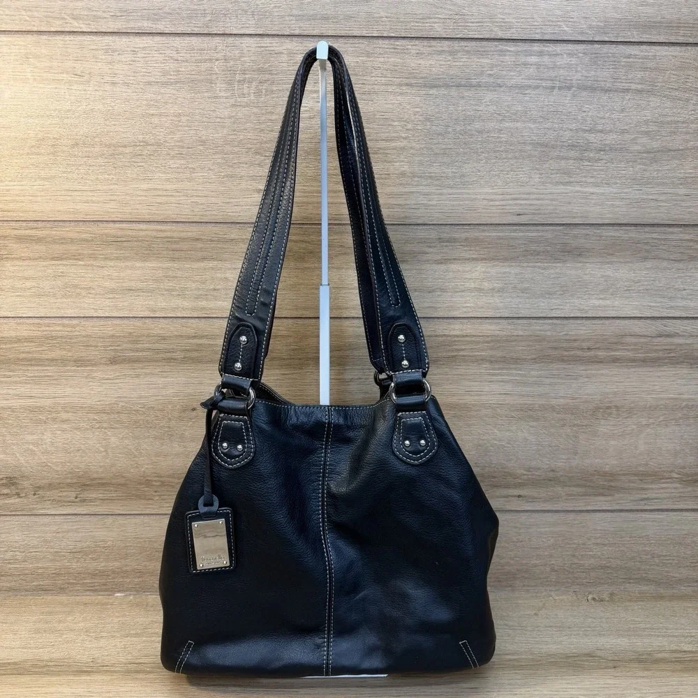 TIGNANELLO Black Pebbled Leather Shoulder Bag Large Tote Classic Double Handle